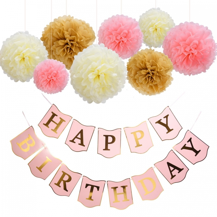  Pink and Gold Happy Birthday Banner